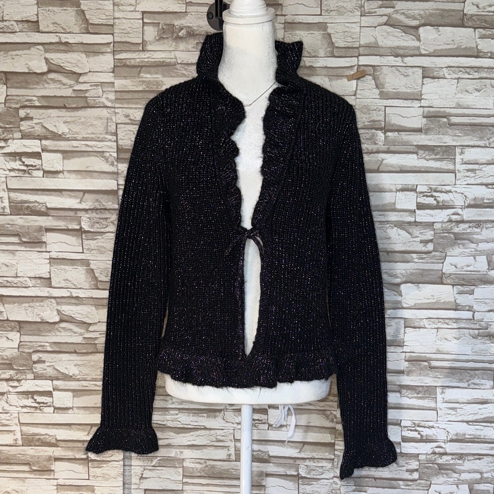 DESIGN 365 Black Ruffled Women's Sweater Cardigan